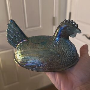 Iridescent Glass Hen Dish